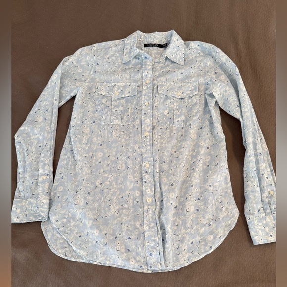 Lauren Ralph Lauren blue floral boho prairie pleated small cotton blouse top - Picture 4 of 10